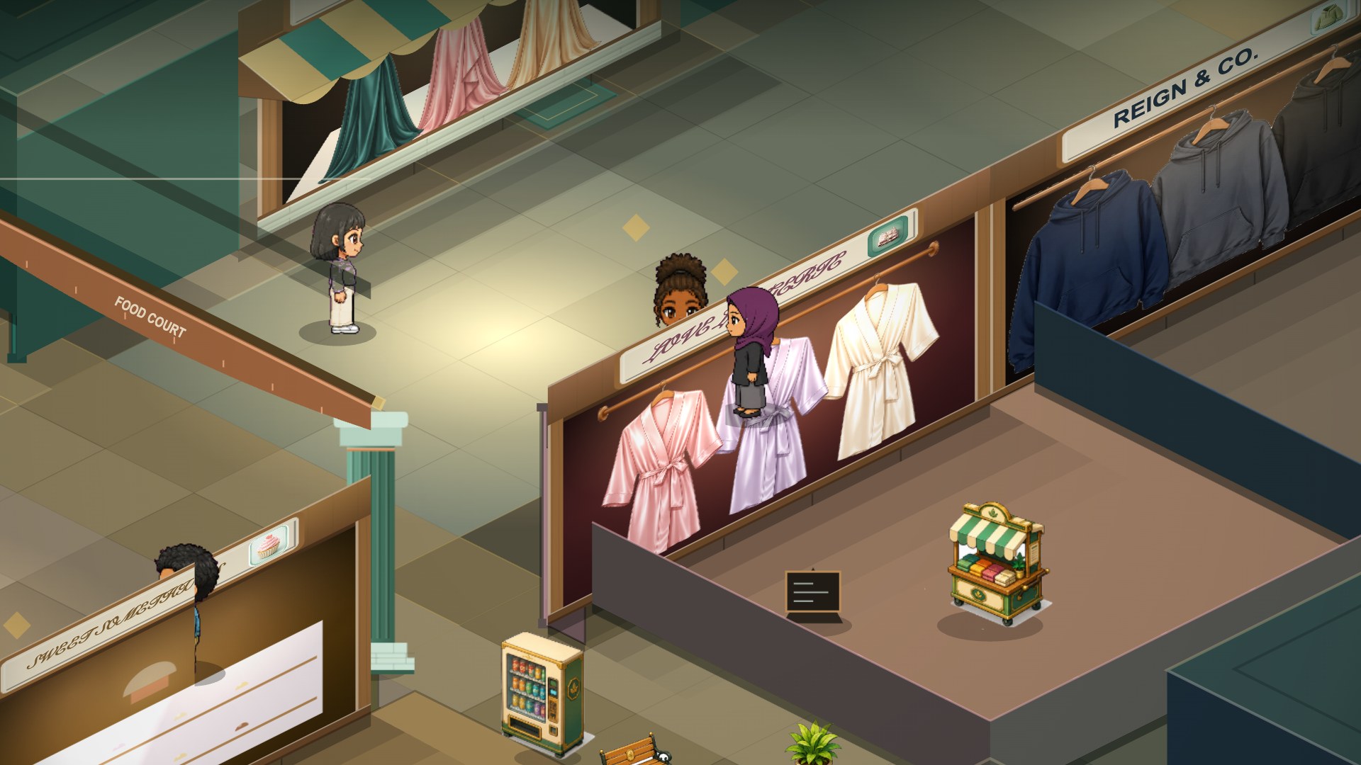 A pixel-art mall scene: the Love Lingerie booth with silk robes on its rail
