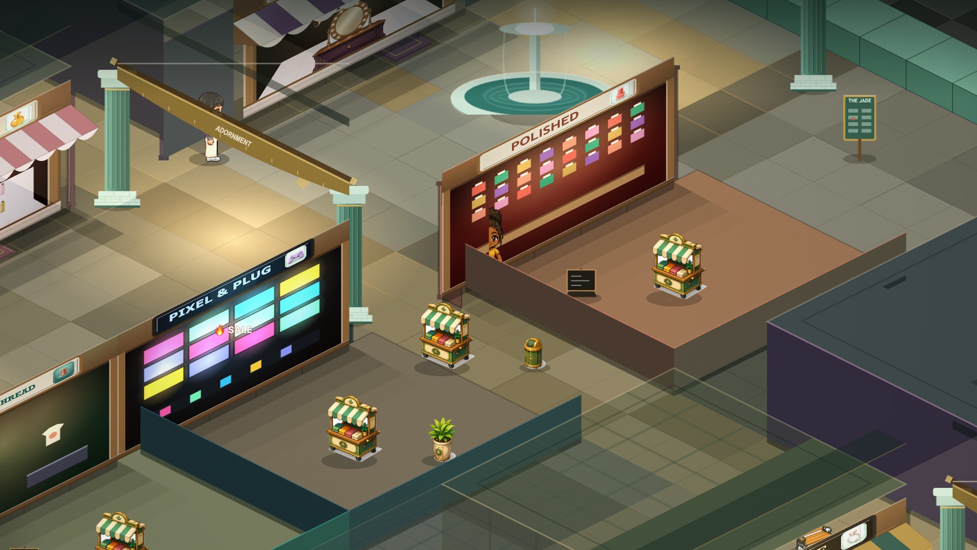 A wide pixel-art view of the mall concourse with a fountain and vendor carts