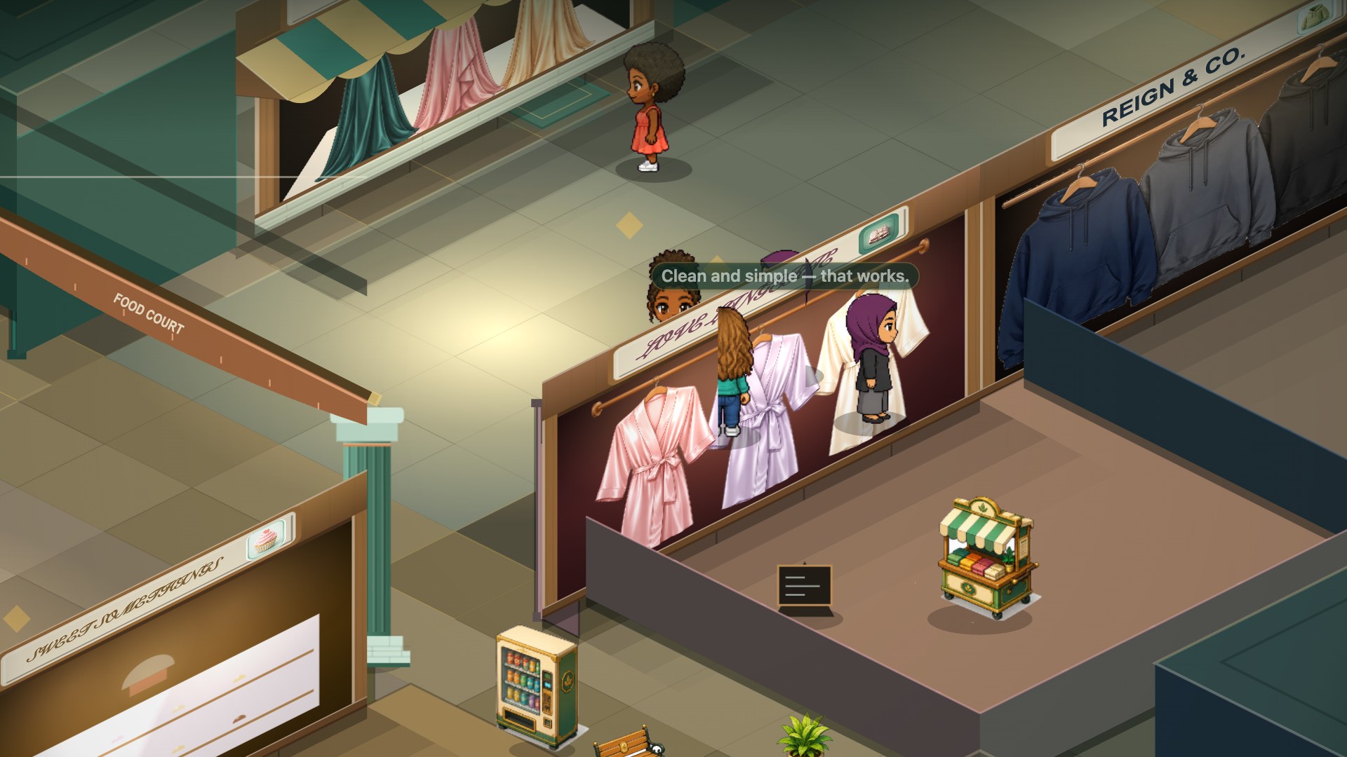 Pixel-art shoppers browsing the mall aisles