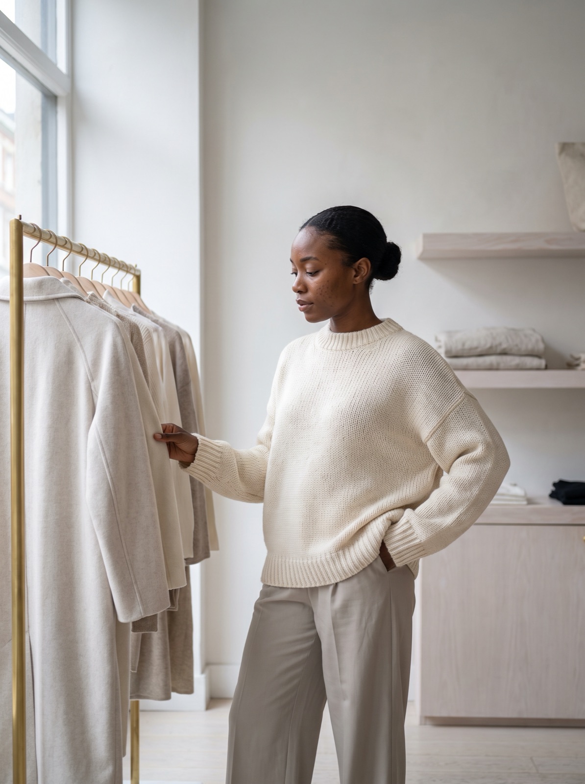 Customer browsing garments in a softly lit boutique