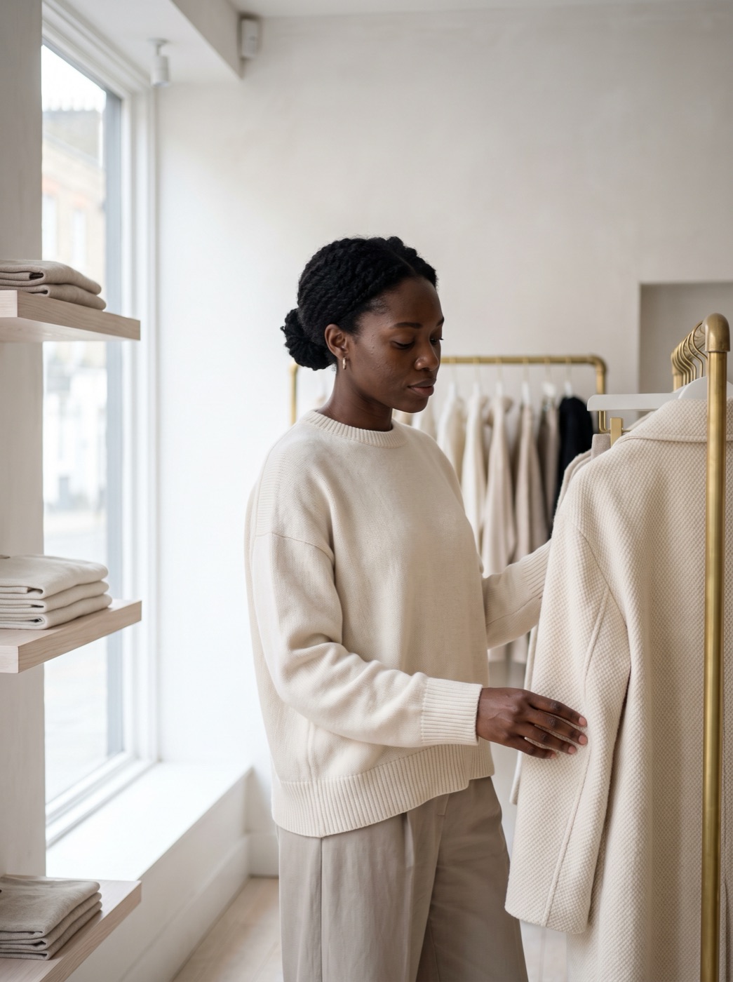 Customer considering a garment by the window