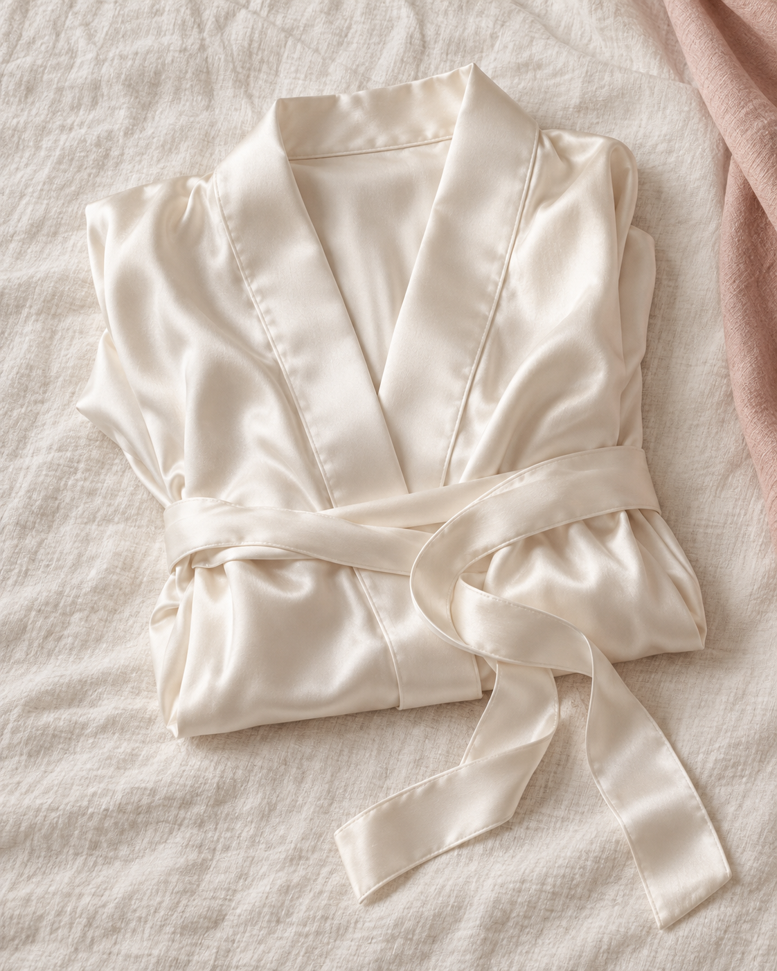 Generated editorial still life of an ivory satin robe and belt on linen, with a dusty-rose fabric accent